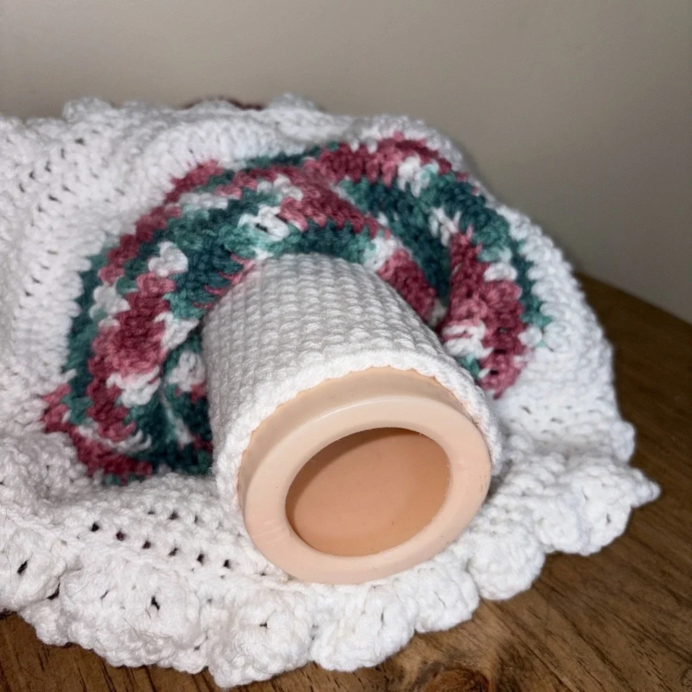 Vintage Crochet Doll Handmade Mauve Multicolor Dress